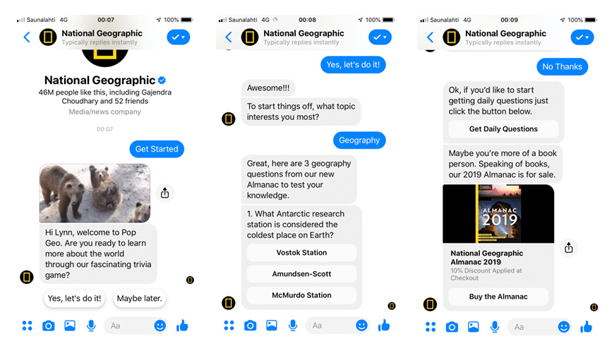 National Geographic chatbot entertains visitors with an educational trivia game. Very engaging and remarkable! 