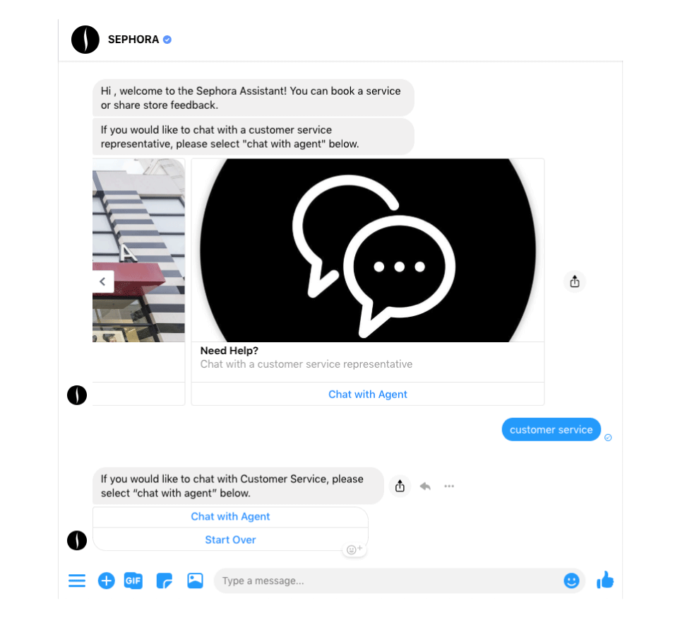 Sephora bot redirects conversations to a live agent, when needed.