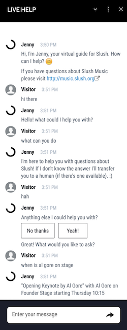 LeadDesk chatbot communicates with Slush website visitors in a human-like manner.